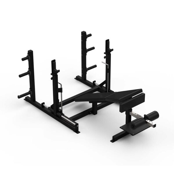 103HS Website Olympic Decline Bench (3")/Adj.Cups Sliding Rack on Lineal Ball Bearings