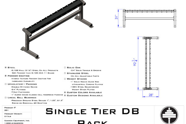 Samson Equipment 201 Single Tier Dumbbell Rack(5pr.) SKU: 201 cut sheet