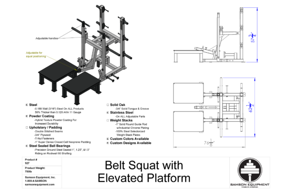 Samson Equipment 927 Belt Squat (Plate Loaded) SKU: 927 cut sheet