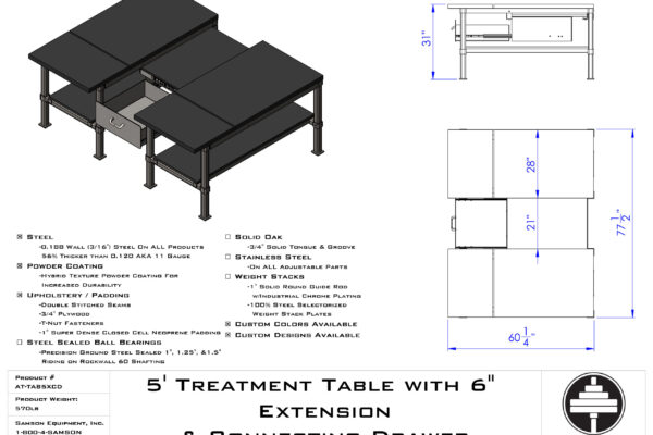 Samson Equipment AT-TAB5X 5′ Treatment Table with 6″ extension cut sheet