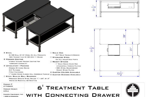 Samson Equipment AT-TAB6 6′ Treatment Table cut sheet