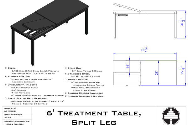 Samson Equipment AT-TAB6SP 6′ Split Leg Treatment Table Professional Athletic Training & Therapy Table cut sheet