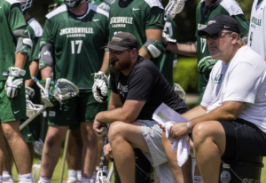 Coach Tyler T. Granelli and Adam Silva on the sidelines of practice with the Jacksonville University Lacrosse team