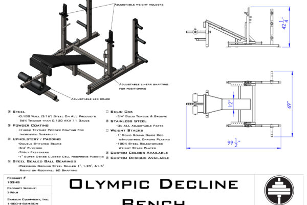 Samson Equipment 103HS Olympic Decline Bench (3″)/Adj.Cups Sliding Rack cut sheet