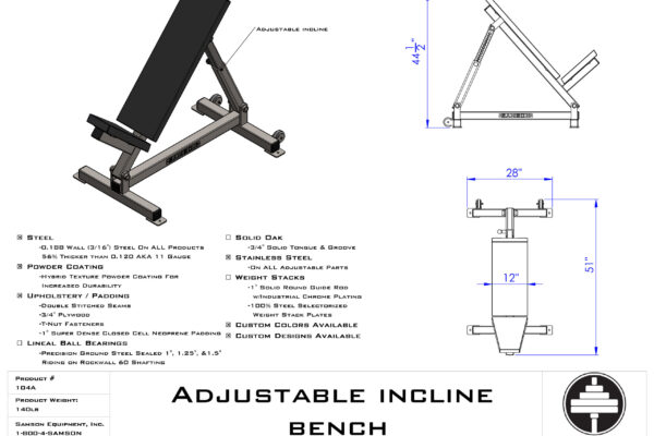 Samson Equipment 104A Adjustable Incline Bench cut sheet