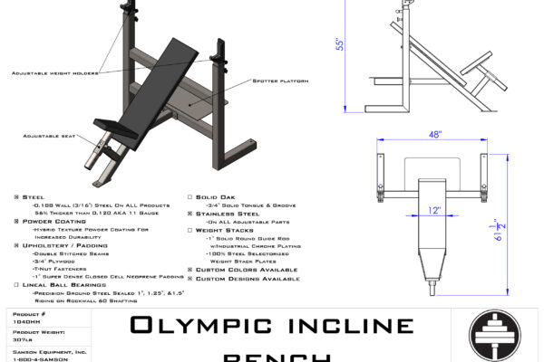 Samson Equipment 104OHH Olympic Incline Bench (3″)/Adj. Cups cut sheet