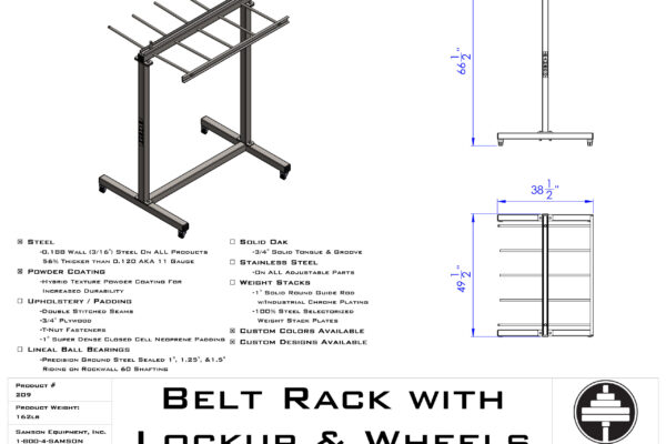 Samson Equipment 209 Belt Rack With Lockup & Wheels cut sheet
